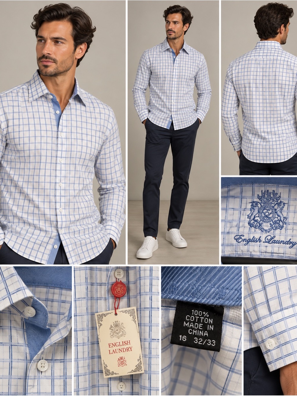 English Laundry Light Blue Windowpane Dress Shirt